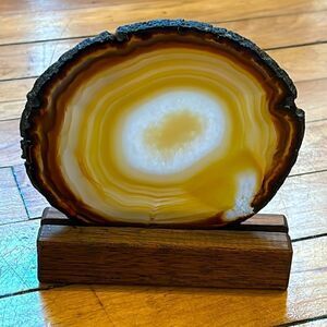 Thin Agate Slab Slice with Wooden Display Stand- Orange Collectible Mineral